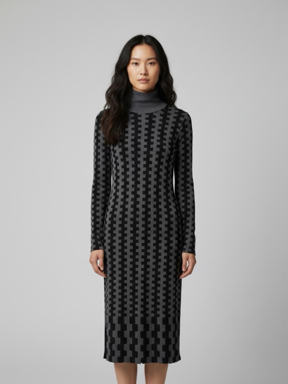 Black and Gray Checkered Dian Von Furstenberg Merino Wool Dress w Cut Outs